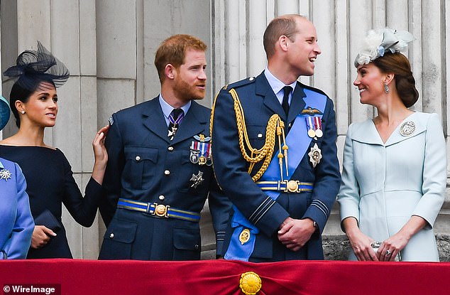 Some Republicans and critics of the couple have called on the Royal Family to withdraw their titles due to their interference in the US election - above Meghan, Duchess of Sussex, Prince Harry, Duke of Sussex, Prince William, Duke of Cambridge and Catherine, Duchess of Cambridge stand on the balcony of Buckingham Palace in July 2018 before leaving the Royal Family