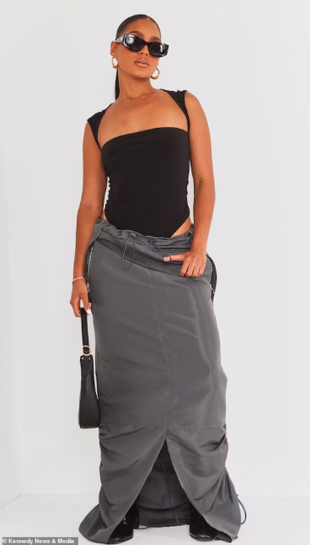 Pictured: The gathered hem cargo maxi skirt in charcoal as seen on the fast fashion brand's website, where it's still on sale for £4.