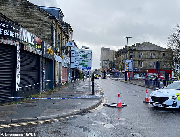 The scene in Westgate, Bradford, on Saturday after Akter was brutally stabbed to death in broad daylight while pushing her son in a pram.