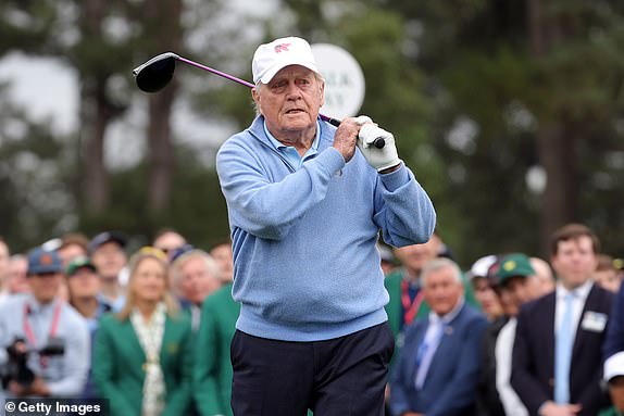 AUGUSTA, GEORGIA - APRIL 11: Jack Nicklaus of the United States plays his shot during the first tee ceremony before the first round of the 2024 Masters Tournament at Augusta National Golf Club on April 11, 2024 in Augusta, Georgia. (Photo by Jamie Squire/Getty Images)