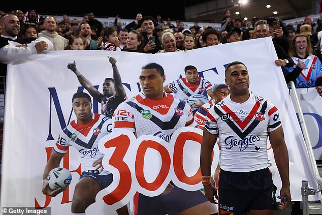 The controversial football star celebrated his 300th NRL match against Newcastle