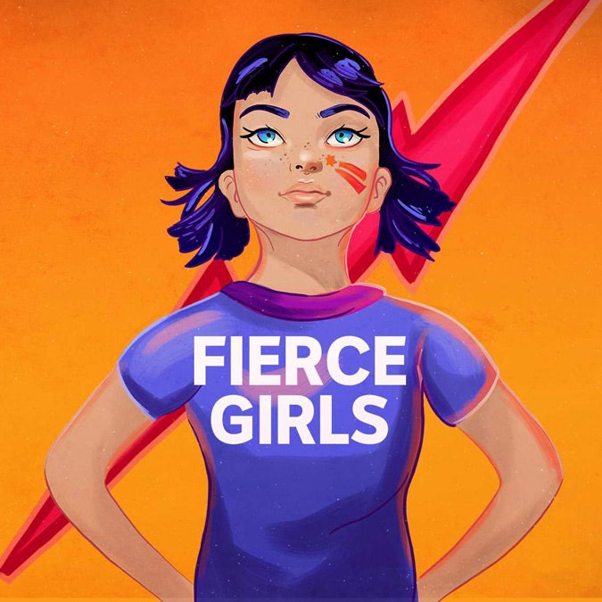 Fierce Girls podcast art featuring a female character standing proudly
