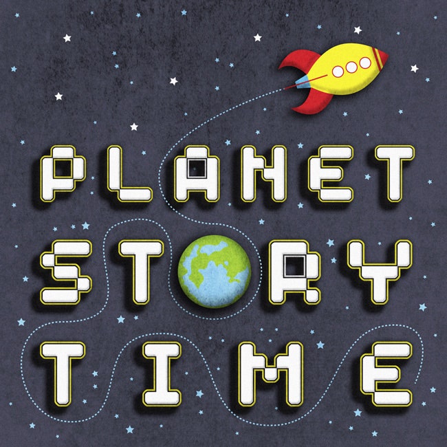 Art from the Planet Storytime podcast showing a rocket traveling through the stars.