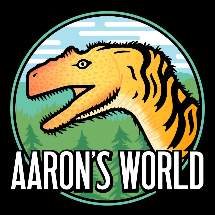 Art from the Aaron's World podcast featuring a drawing of a dinosaur