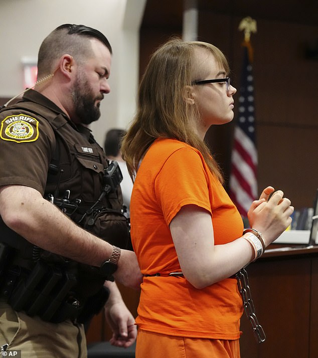 Both Geyser and Weier told detectives that they felt they had to kill Leutner to become Slender Man's 'representatives' or servants, and that the character would kill their families if they did not comply.  (pictured: Geyser in court on Wednesday)