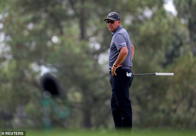 Phil Mickelson is seen on the green of the 3rd hole during the first round of the Masters