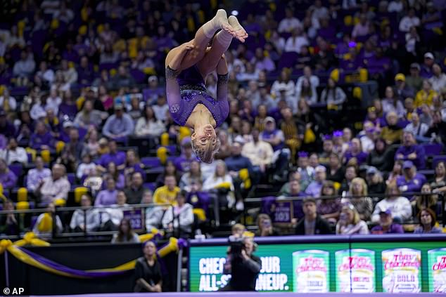 Dunne performing a floor walk during an NCAA gymnastics meet against Ohio State in January 2019.