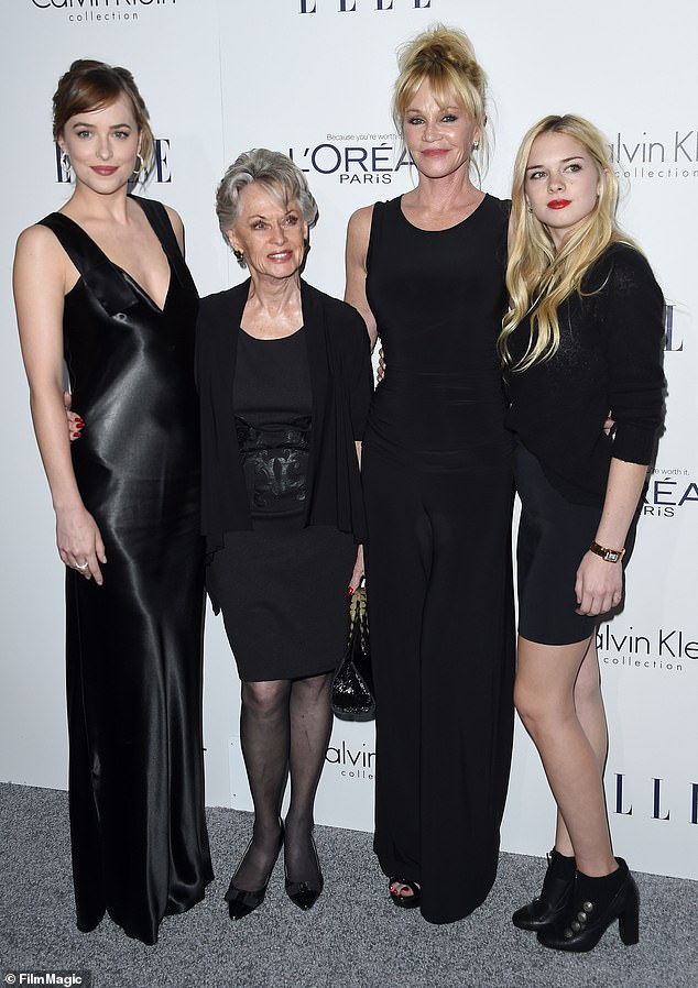 Family: from left, Dakota Johnson, Tippi Hedren, Griffith and Stella Banderas in 2015
