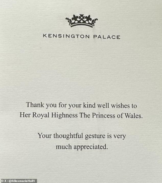 A woman shared an image of the card sent to her by Kensington Palace.