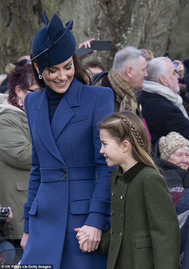 Kate (pictured with Princess Charlotte on Christmas Day 2023), 42, announced via an emotional video message in late March that she is in the early stages of treatment following a cancer diagnosis.