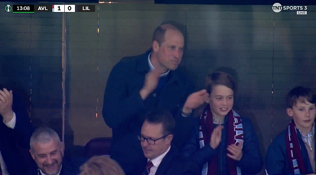 Prince George was seen wearing a burgundy and blue Aston Villa scarf and smiled after the goal.