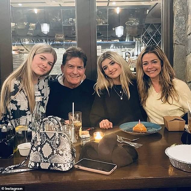Sami seen with (LR) his sister Lola, 18, his father Charlie Sheen, 58, and his mother Denise Richards, 53.