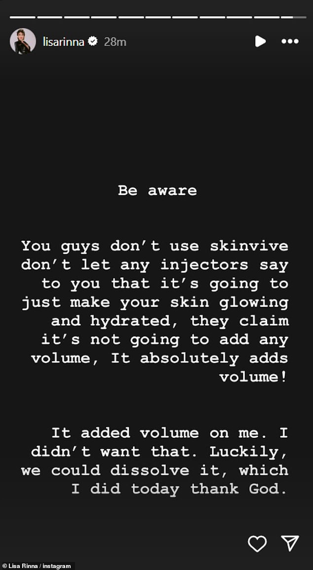 The star responded to recent comments about her 'new face' in an Instagram Story, saying her SkinVive injections will be 'dissolved' because they added 'volume' she 'didn't want'.