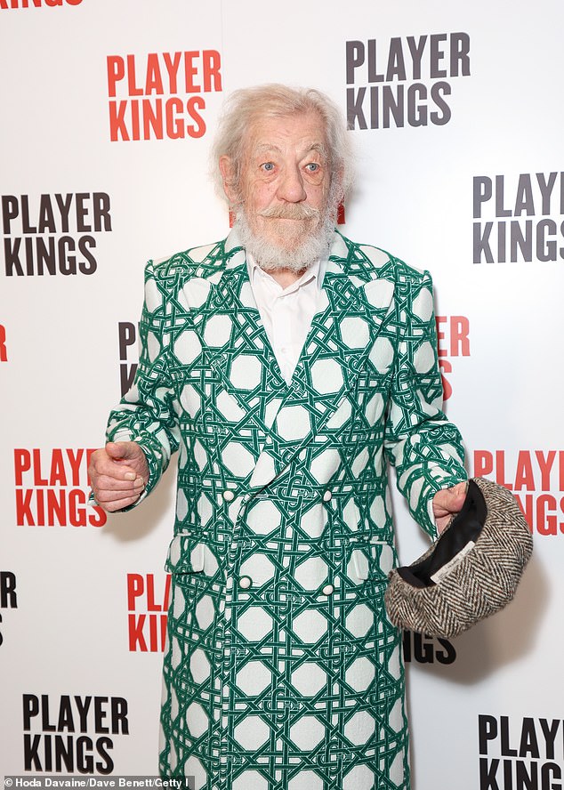 Sir Ian changed out of his stage suit and into a green Casablanca printed coat from the designer's 2022 collection.