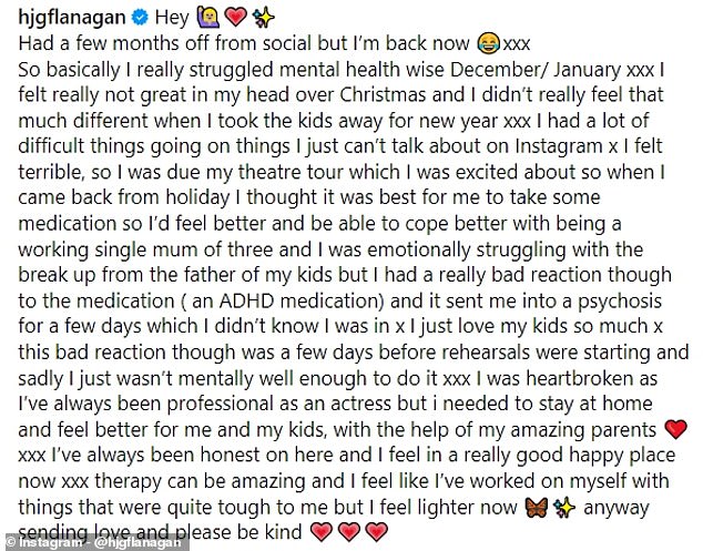 Helen returned to Instagram after a two-month break at the end of March. Her long update is when she revealed her battle with psychosis.