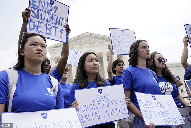 Protesters outside the Supreme Court on June 30, 2023. Biden's new student debt forgiveness proposals come after the Supreme Court blocked his original plan to cancel the debt.