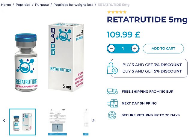 Other examples uncovered by this website include the EU-based company Biolab, which ships retatrutide via Royal Mail in the UK for £110 per 5mg vial.