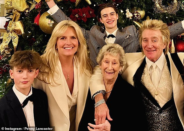The Loose Women panellist is Rod's third wife and mother to his youngest sons Alistair, 18 (top), and Aiden, 13 (far left), all pictured with Rod's sister Mary on her birthday number 95 in 2023.