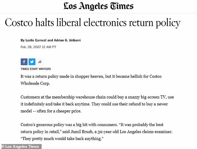 Electronic items must now be returned to Costco within 90 days, but that was not the case until 2007. Pictured is a news story published by the LA Times in 2007.
