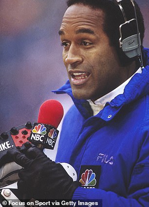 OJ Simpson speaks into a microphone during his career as a commentator for NBC Sports in 1990.