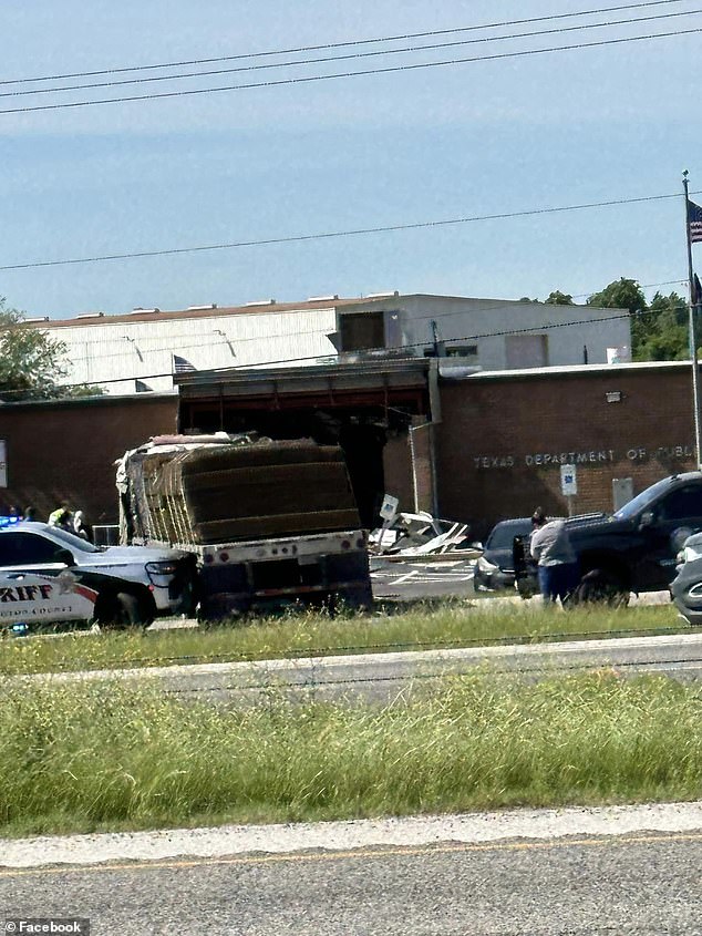 A stolen 16-wheeler crashed into a building in Brenham, Texas, on Friday.