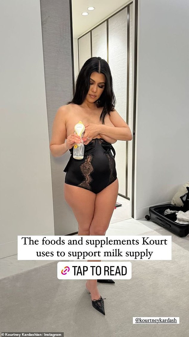 The star previously shared a photo of herself pumping breast milk in a low-cut black dress, after welcoming her son Rocky with husband Travis Barker last year.