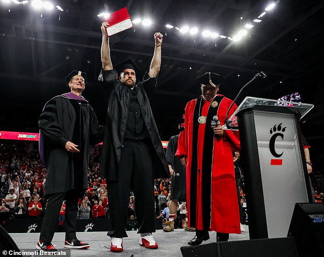 Travis, 34, a three-time Super Bowl winner, has been teased by his older brother Jason for missing a flight to his graduation, but finally received his diploma Thursday night.