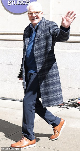 Steve Martin, who stars in the series as actor Charles-Haden Savage, stepped out in a blue and gray plaid coat over a blue shirt as he greeted fans.