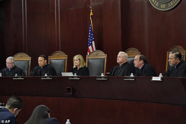 The 4-2 decision could influence other states seeking to restrict abortion and could have far-reaching impacts heading into the 2024 elections. Pictured: Arizona Supreme Court justices from left to right; William G. Montgomery, John R. Lopez IV, Vice Chief Justice Ann A. Scott Timmer, Chief Justice Robert M. Brutinel, Clint Bolick and James Been
