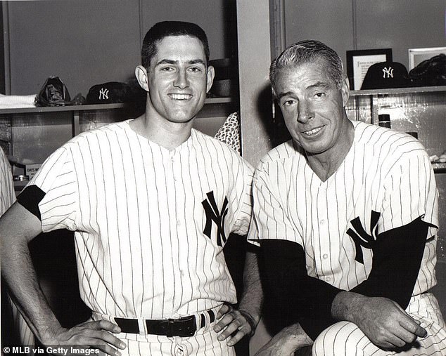 Peterson with Hall of Fame baseball player Joe DiMaggio in the Yankees locker room in 1967.