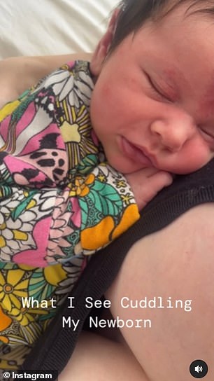 The model, 30, posted the fun images on Instagram which began with a short clip of Simone holding her little baby and tenderly caring for her.  'What I see hugging my newborn,' she wrote alongside the footage