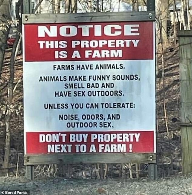 Oh!  This farmer clearly got tired of his neighbors complaining about the usual things that come with living next to a farm and made a passive aggressive but hilarious sign.
