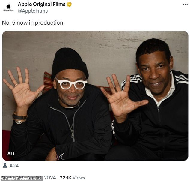 Spike Lee and Denzel Washington flashed a 'five' to represent that they are now working on their fifth film alongside the start of High And Low in early March.
