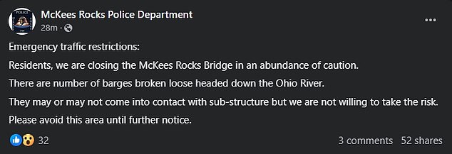 According to the department, there are currently several barges that have broken loose heading into the Ohio River.