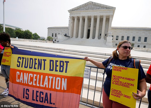 Supporters of Biden's efforts to cancel student loan debt outside the Supreme Court after the president's original plan was blocked in June 2023.