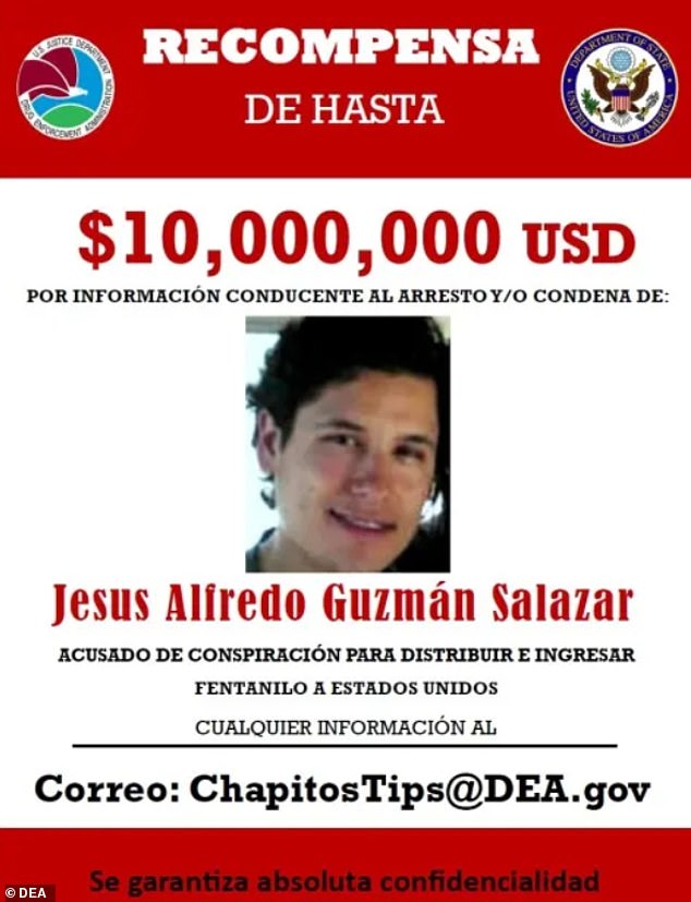 The DEA is offering a $10 million reward for information leading to the arrest and/or conviction of Jesús Guzmán, one of Joaquín 'El Chapo' Guzmán's three who now operate half of the Sinaloa Cartel after his brother, Ovidio Guzmán, was murdered. extradited to the United States last week
