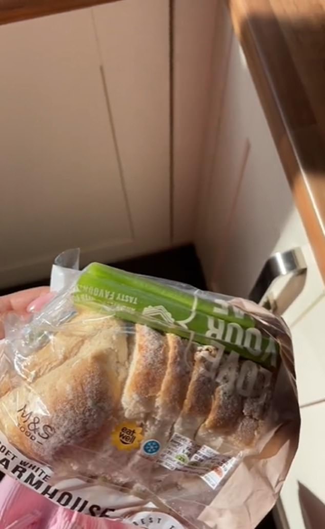 Katya demonstrates the trick by opening a bag of M&S soft white country bread and gently pushing celery sticks into the end of the load so they sit on top of the slices.