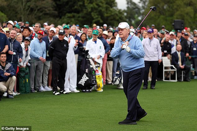 The legendary Jack Nicklaus plays his tee shot as one of the honorary starts of the Masters