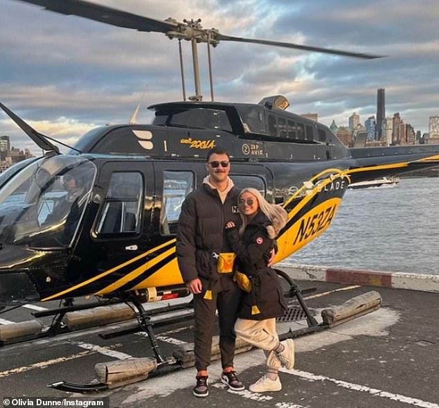 The duo also posed in front of a helicopter before taking a tour of New York from above.