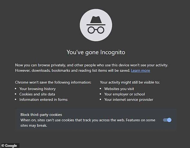 Google Chrome browser's 'incognito mode' allows users to prevent websites from using cookies to track them