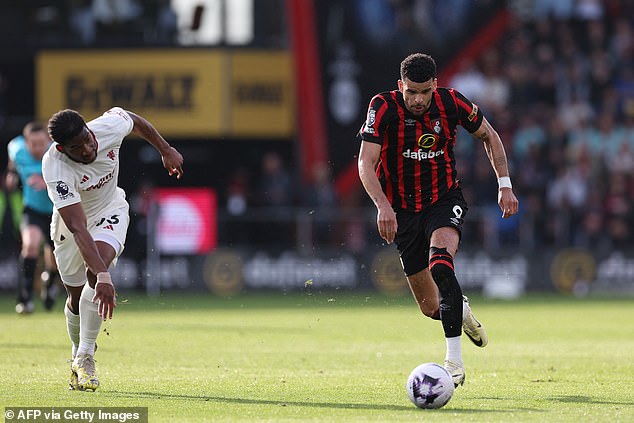 Dominic Solanke turns Willy Kambwala around to score Bournemouth's first goal