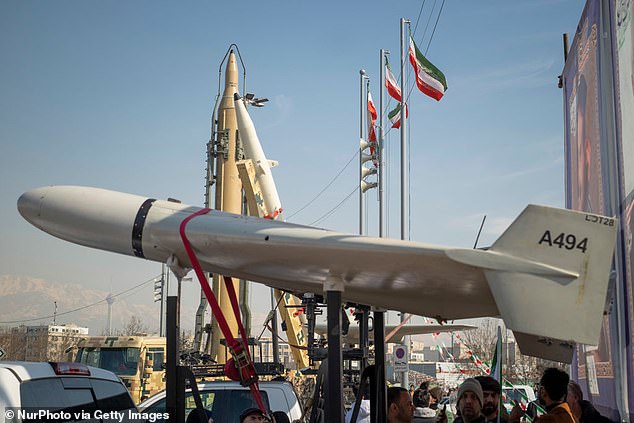 An Iranian-made unmanned aerial vehicle (UAV), the Shahed-136, is displayed in Azadi (Freedom) Square in western Tehran, Iran.