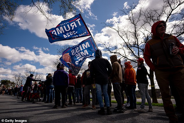 The line of supporters waiting outside the Trump rally in Schnecksville on April 13. Hundreds of supporters waited in line for hours before the former president's remarks at the Schnecksville Fire Hall.