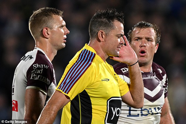 Referee Chris Butler (pictured) sent the play up before the bunker declared that Josh Aloiai had made dangerous contact with Shaun Johnson while running in from the sideline.
