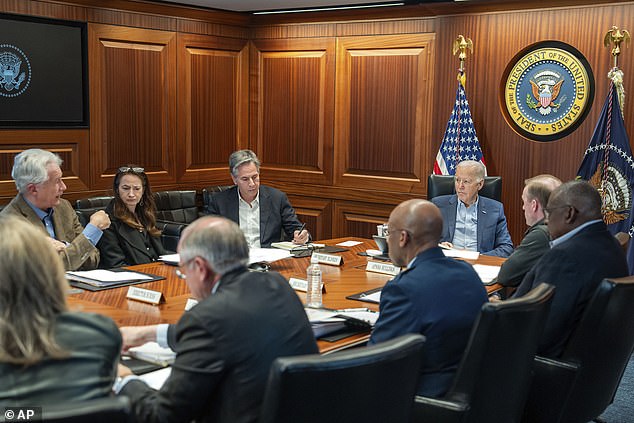 President Biden, along with members of his national security team, receive an update on an ongoing airstrike against Israel from Iran, as they meet in the White House Situation Room.