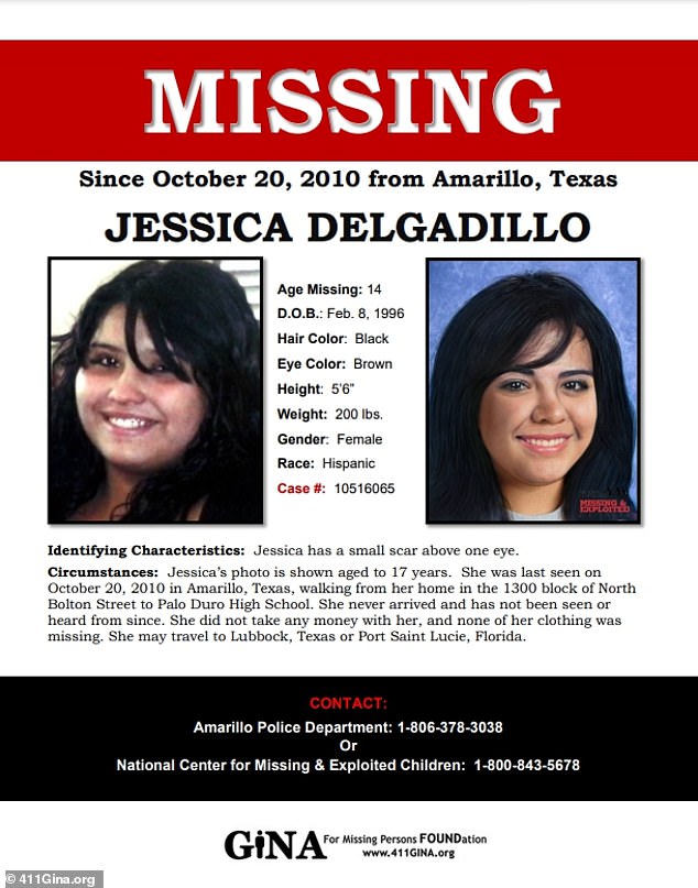 After disappearing for thirteen years, a woman claiming to be Jessica Delgadillo contacted the Amarillo Homicide Unit; In the photo: a missing person poster from Delgadillo. The image on the right is old age.