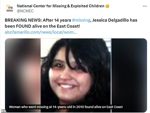 In 2023, the Amarillo Police Department established the Cold Case Unit and contracted the services of the National Center for Missing and Exploited Children. Together, they examined three cold cases, including Jessica's. Pictured: A tweet from the National Center for Missing and Exploited Children celebrating Delgadillo's discovery.