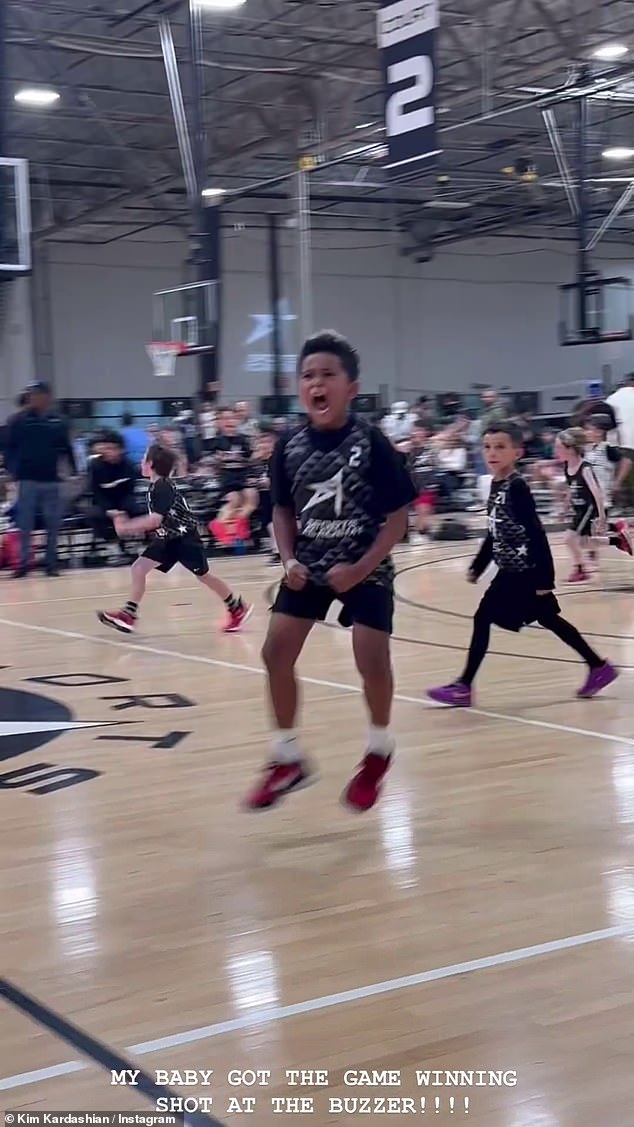 In the clips, the 43-year-old reality TV personality's eldest son, aged eight, is seen participating in a basketball game and hitting the buzzer.