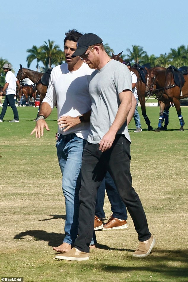 Pictured: Prince Harry was seen walking with his polo partner Nacho Figueras during filming yesterday.