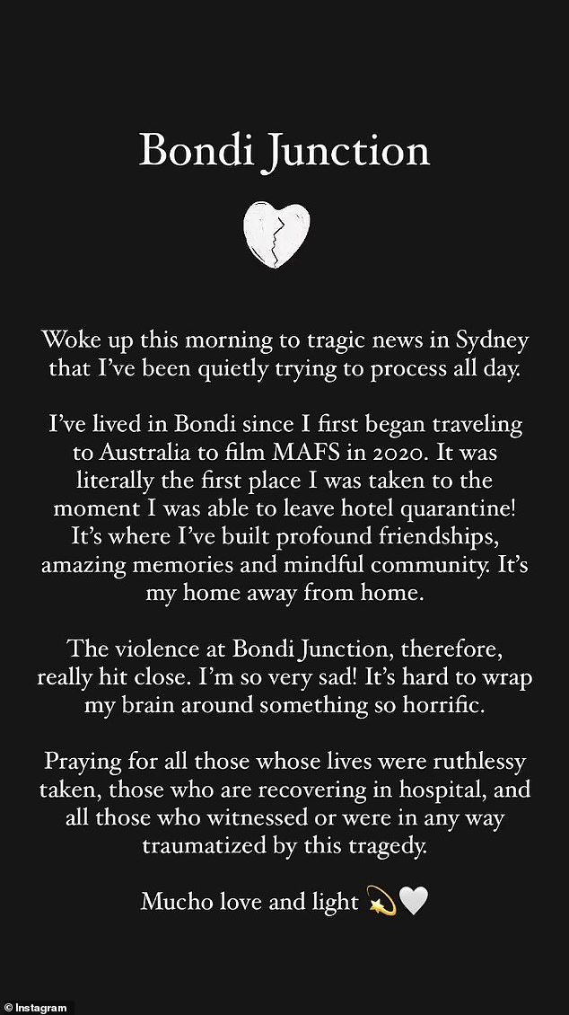 'I'm very sad! It is difficult to understand something so horrible,” she began. With Bondi holding a special place in her heart, being the first place she visited after her hotel quarantine, news of the violence hit particularly close to home.